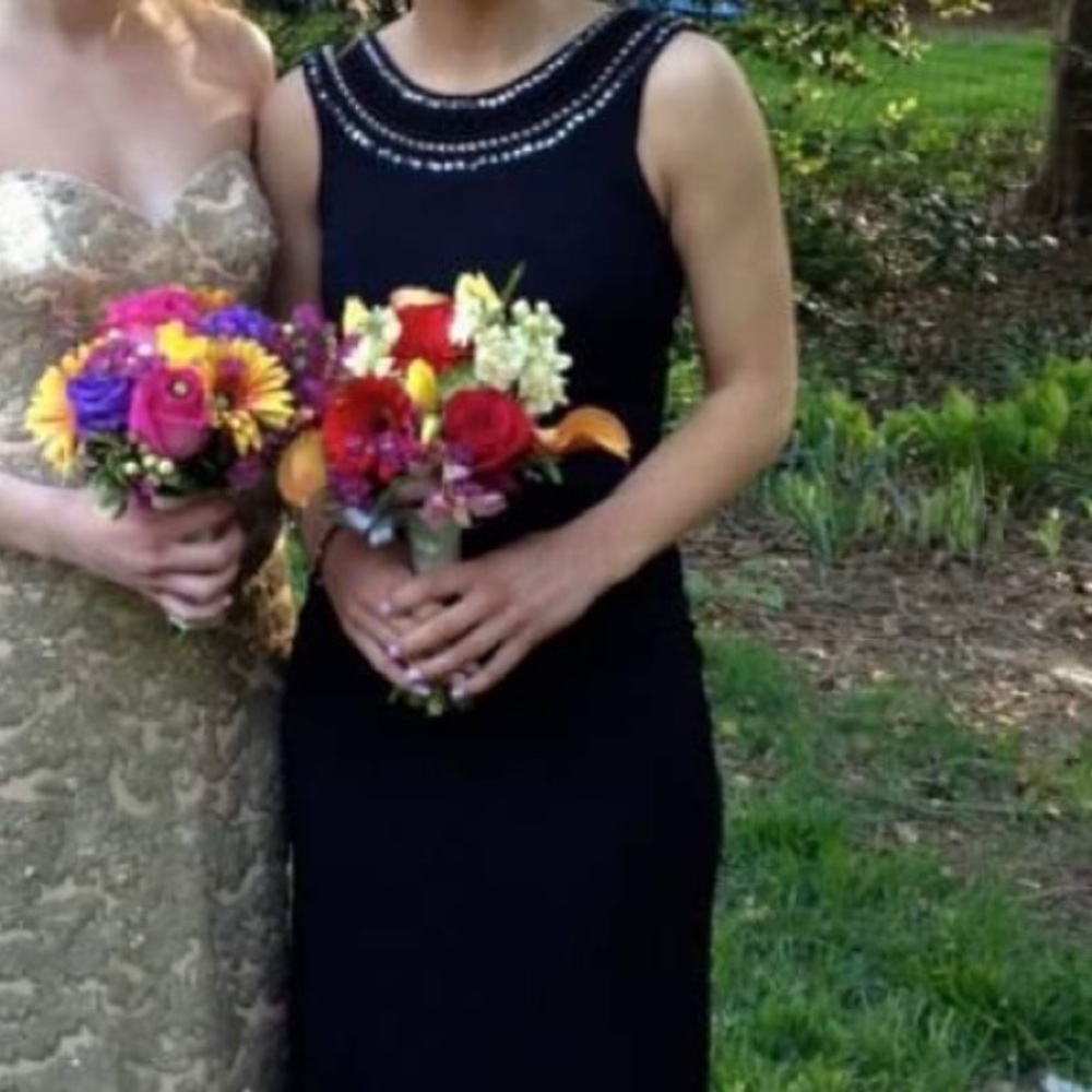 Worn once, black long dress with beaded collar. Ruched body